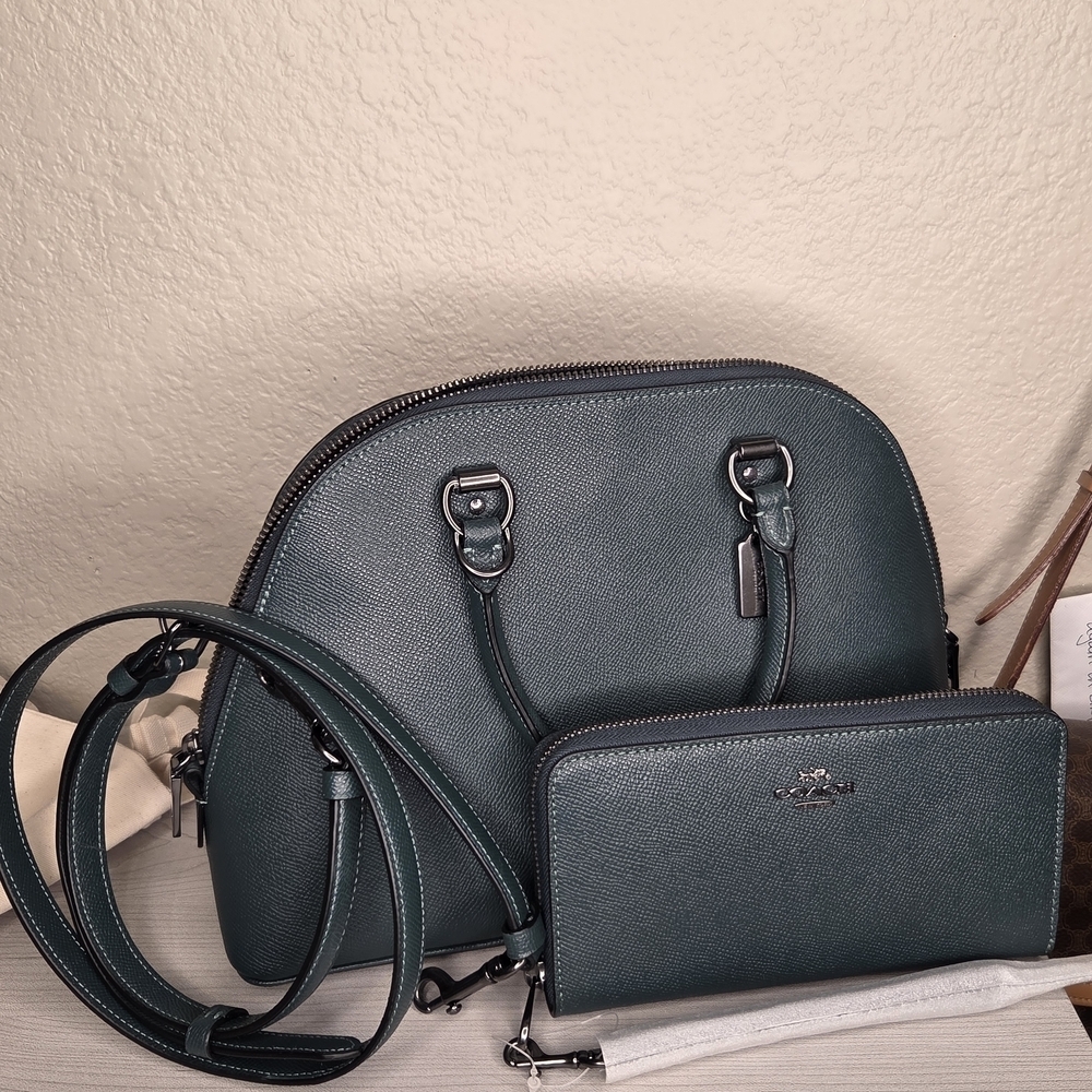 Coach Sierra Forest Green 2021 Leather Bag Set Gunmetal Hardware. Wallet NWT - Picture 5 of 13